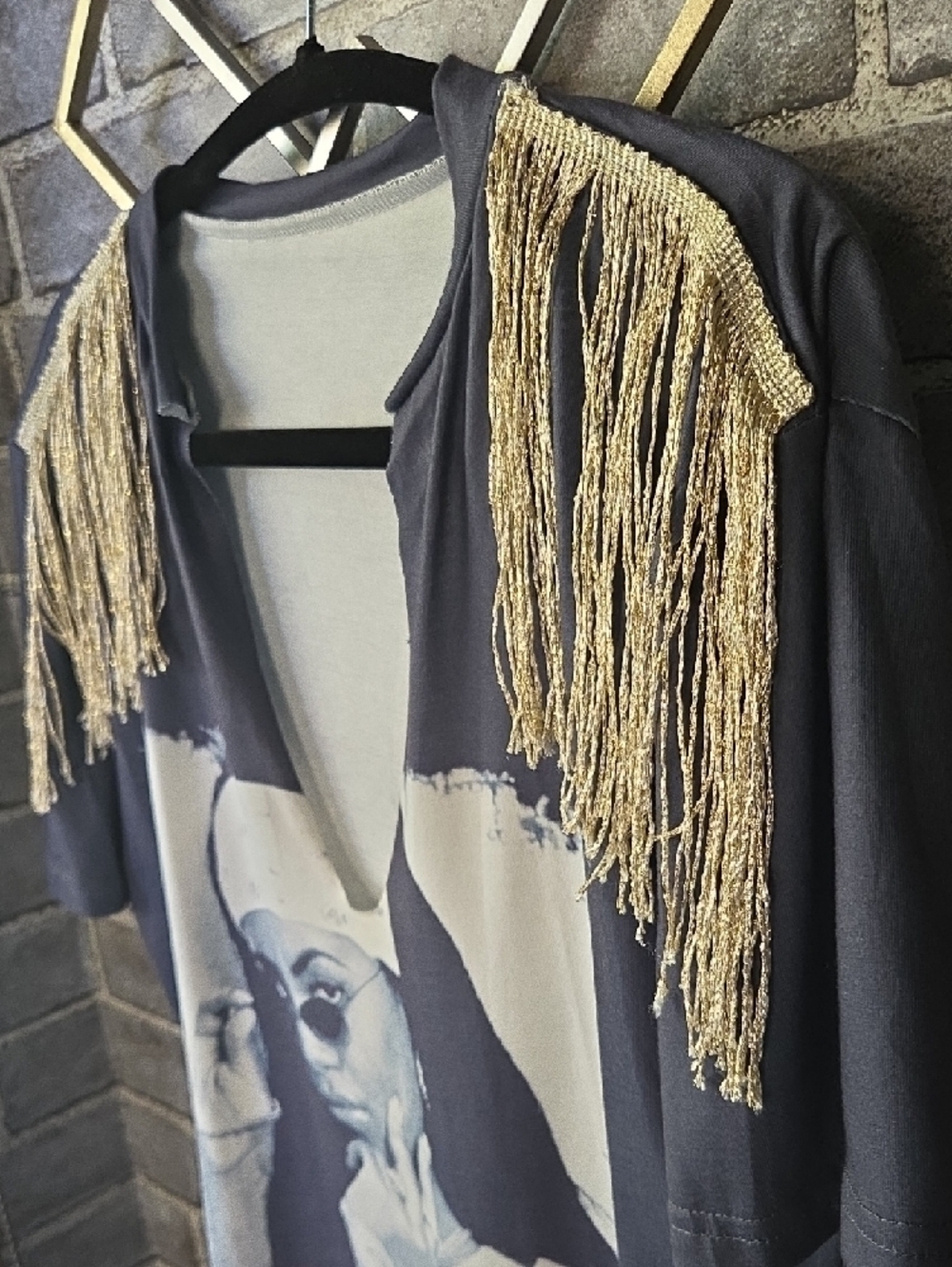 Gray Aaliyah Graphic Tee with Gold Fringe Shoulders - Picture 3 of 5